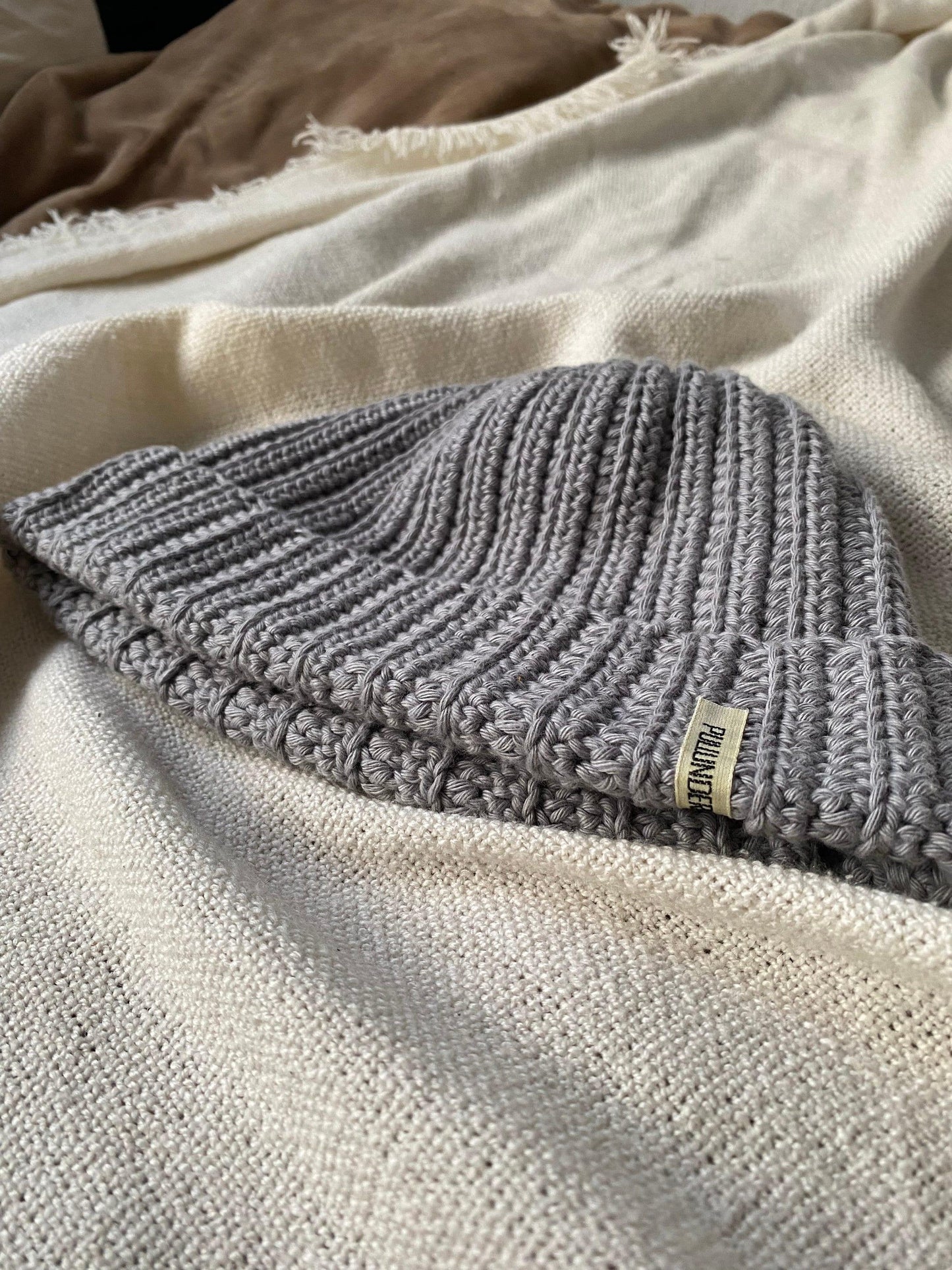 handmade grey crochet beanie, ecofair and sustainable