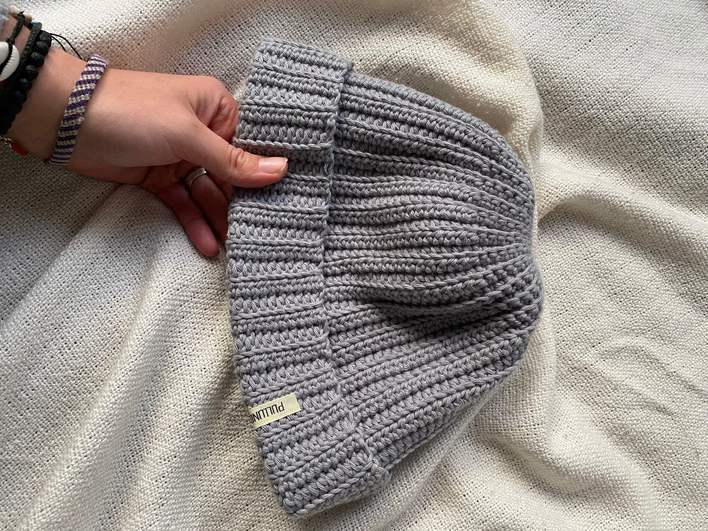 handmade grey crochet beanie, ecofair and sustainable